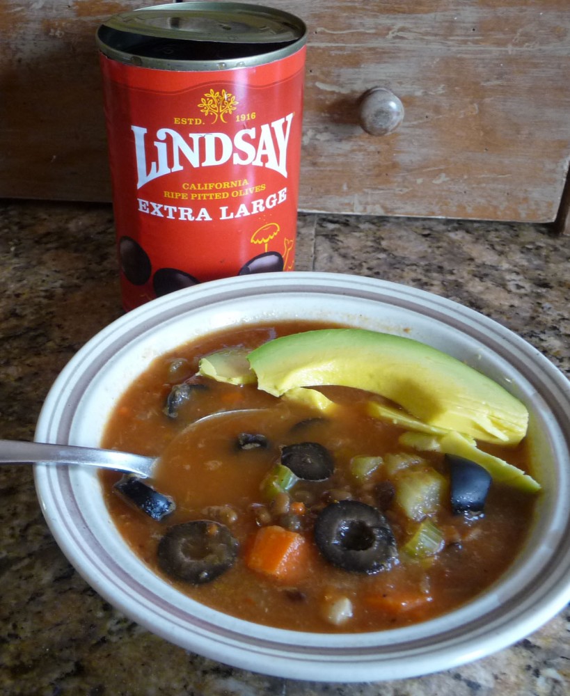 lentil soup with olives and avocado