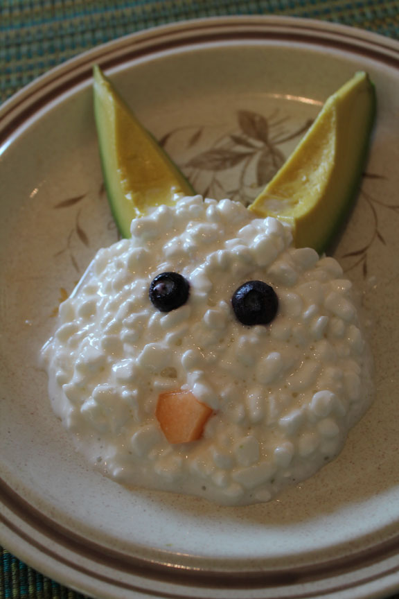 bunny made of cottage cheese and avocado with blueberries and cantaloupe 