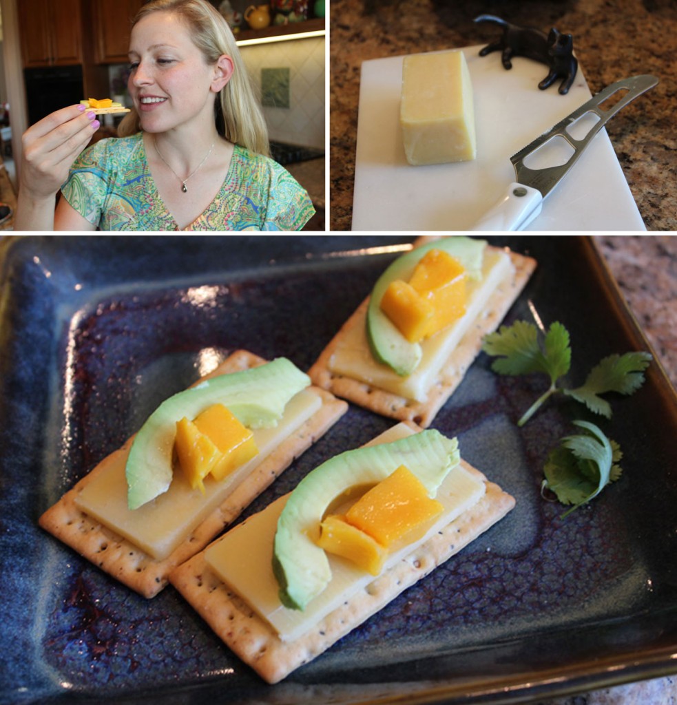 Kerrygold Cheddar Cheese with avocado and mango on crackers