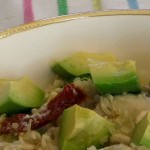 avocado on top of quinoa chicken salad