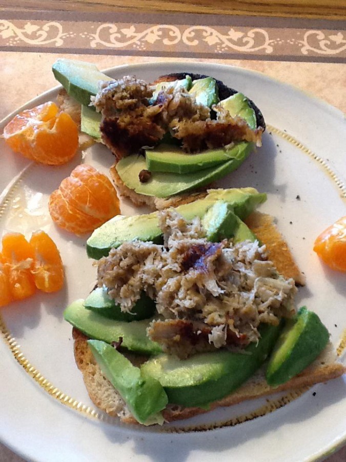 avocado and crabcake on sourdough