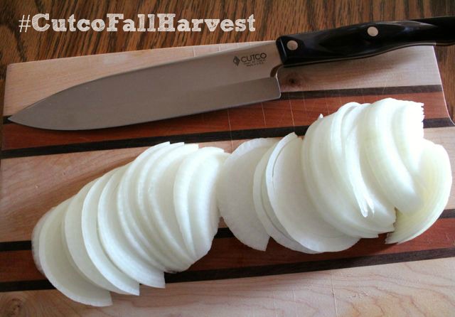 onions sliced with Cutco petite chef knife