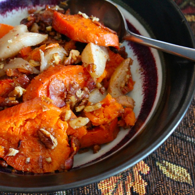 baked yams and pears with bourbon, bacon, pecans and maple syrup