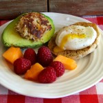 crab-cake stuffed avocado and poached egg