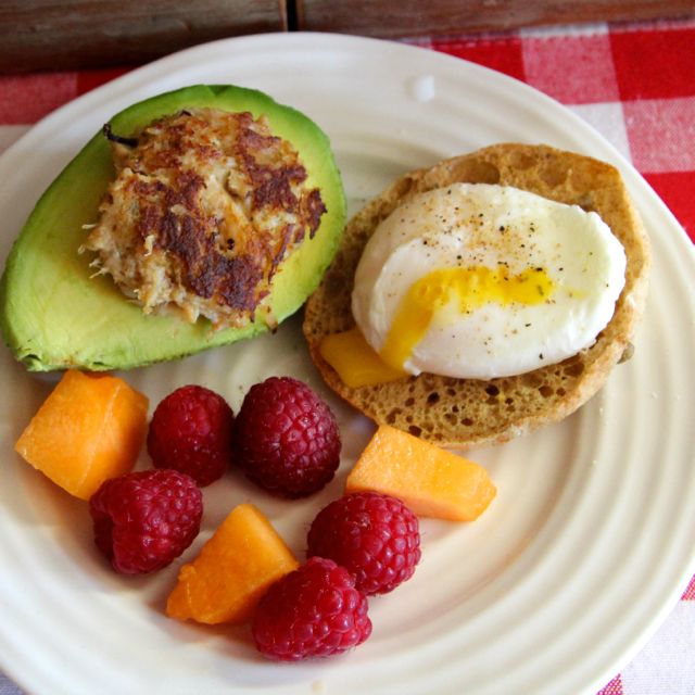 poached egg with avocado and crab cake