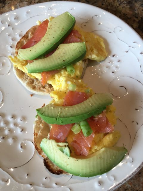 Fuerte avocados with smoked salmon and eggs on an English muffin