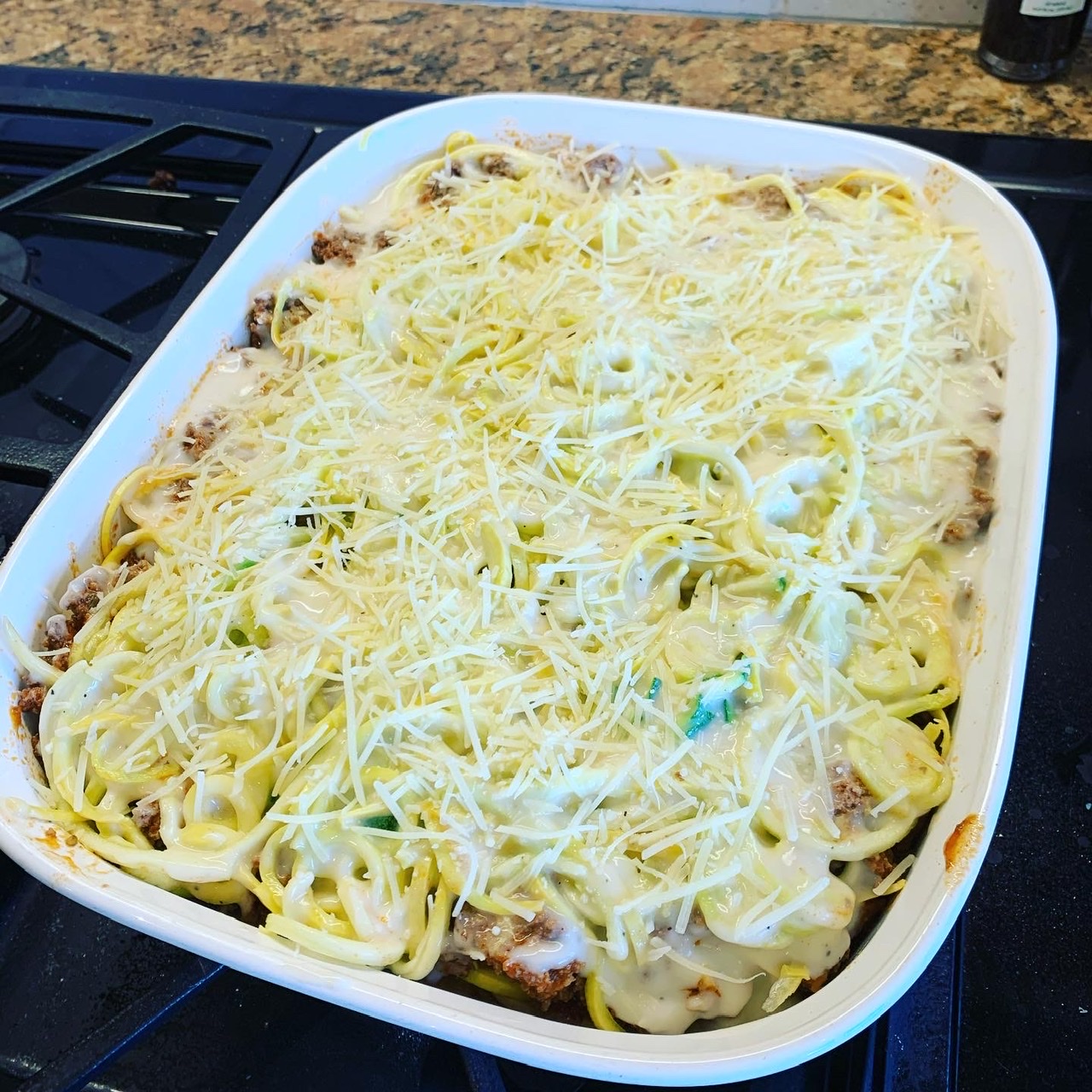Zoodle lasagna ready for oven
